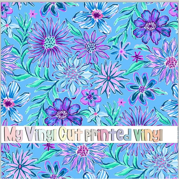 Printed Adhesive Vinyl Blue and Purple Flower A Pattern Permanent Adhesive (Large Scale)