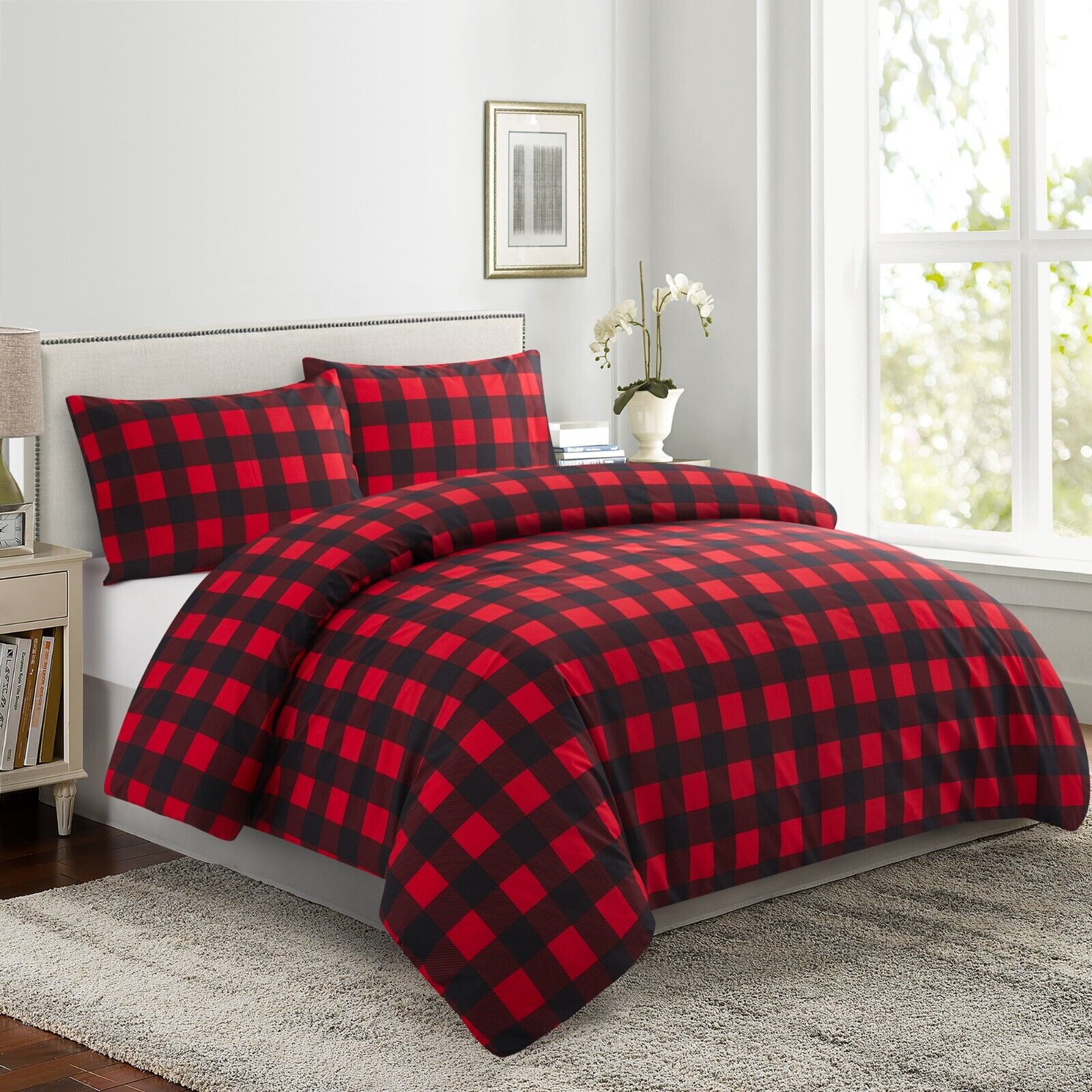Printed Bamboo Duvet Cover Fitted Sheet Bedding Set, Red Black Plaid
