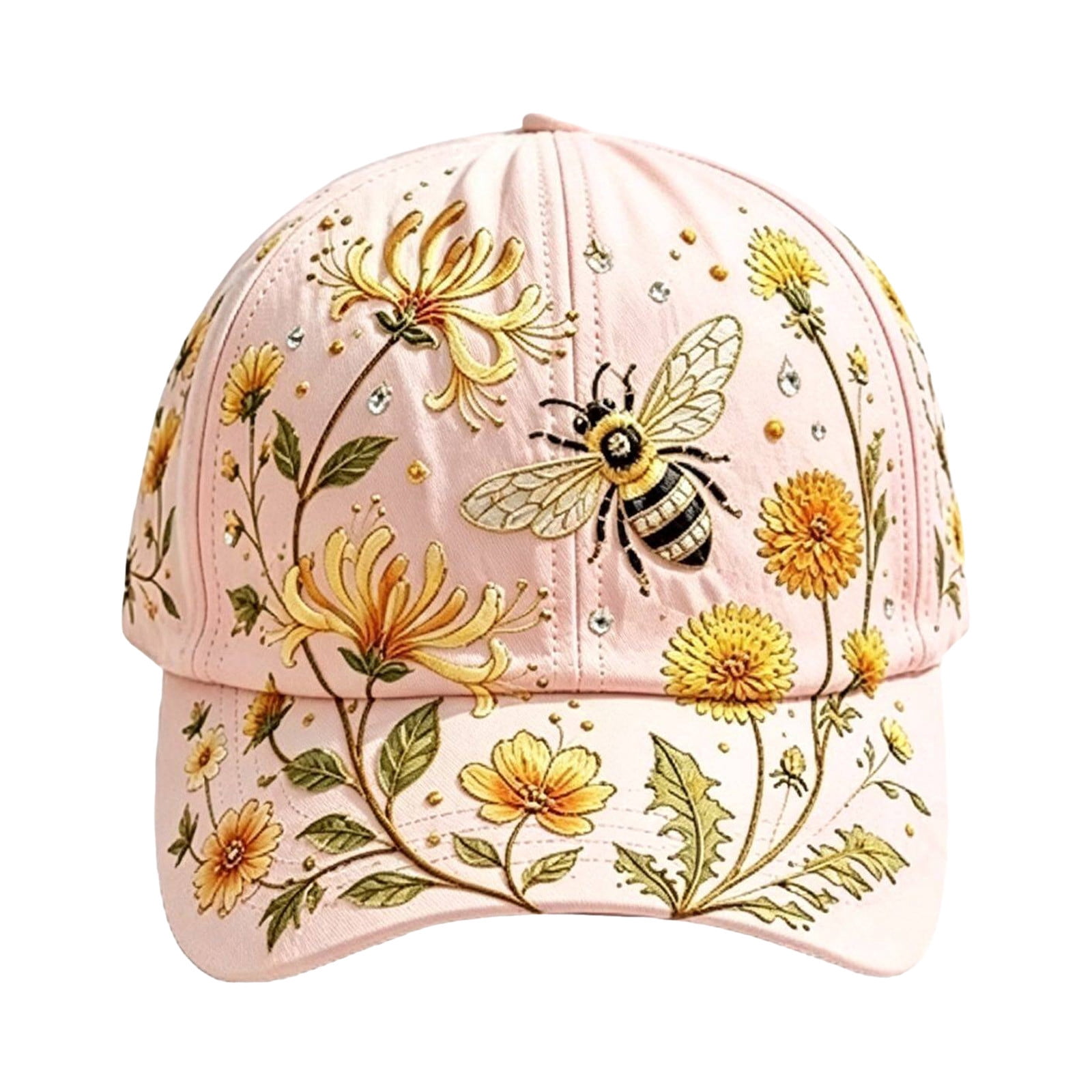 Pink Sun Pattern Printed Baseball Cap With Bee & Wildflower Pattern Sun Shading ...