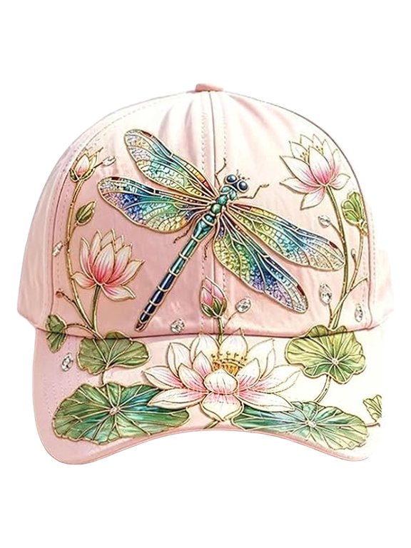 Printed Baseball Cap With Dragonfly & Lotus Pattern Sun Shading Ventilated Custom Fit Hat For Outdoor Walking Gardening Daily Wear(Pink-65Cm)