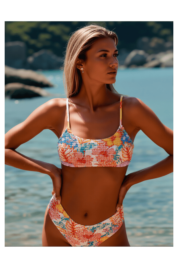 Printed Bikini Set for Women - Square Neck Swimsuit Two Piece Bathing Suit - Floral Textured Beachwear - Adjustable Straps - Summer Beach Pool