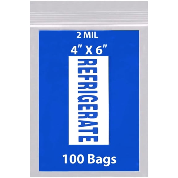 Printed Blue 'Refrigerate' Reclosable Zip Poly Bags 2 Mil 4"x6" - 100 Count, Resealable Storage for Freshness