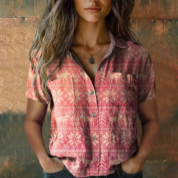 Printed Button Down Shirts, Cotton V Neck, Short Sleeve, Casual Tops, Summer, Bubble Wrinkles, Pink XL, Size S-XXXXXL