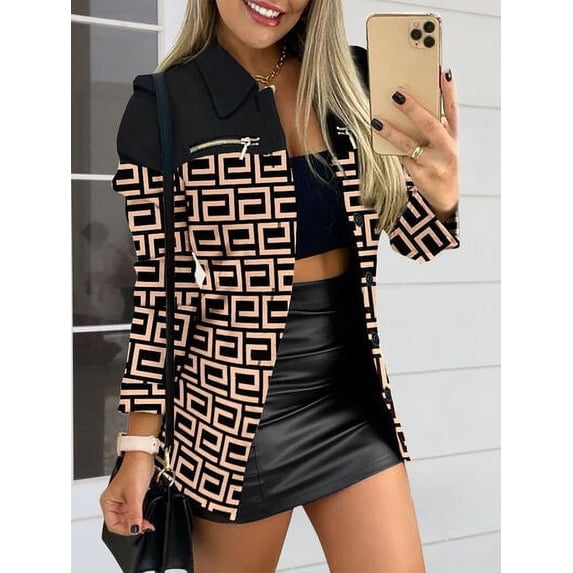 Printed Button Up Zip Detail Shacket - Camel / L