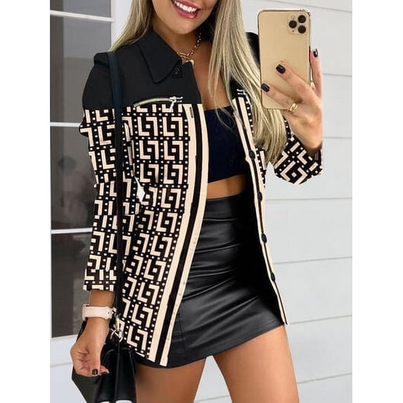 Printed Button Up Zip Detail Shacket - Tan / L