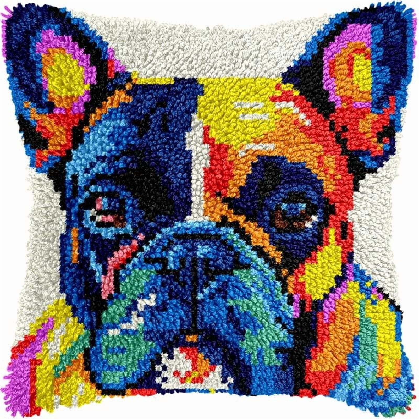 Printed Canvas Latch Hook Pillow Kits Boston Terrier Pillow Cover Latch Hook Crafts Crochet Knitted Hooking Pillowcase Cushion Crafts Embroidery Latch Hooking Kits Set 17x17 inch(44)