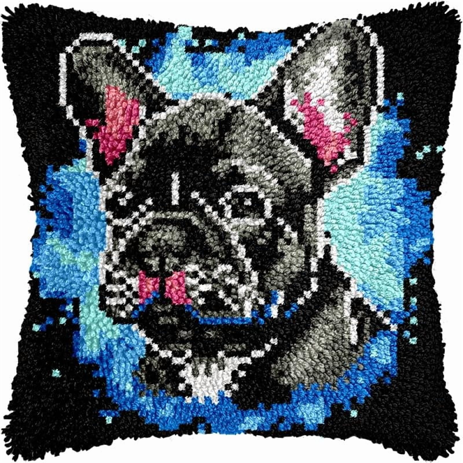 Printed Canvas Latch Hook Pillow Kits Boston Terrier Pillow Cover Latch Hook Crafts Crochet Knitted Hooking Pillowcase Cushion Crafts Embroidery Latch Hooking Kits Set 17x17 inch(120)