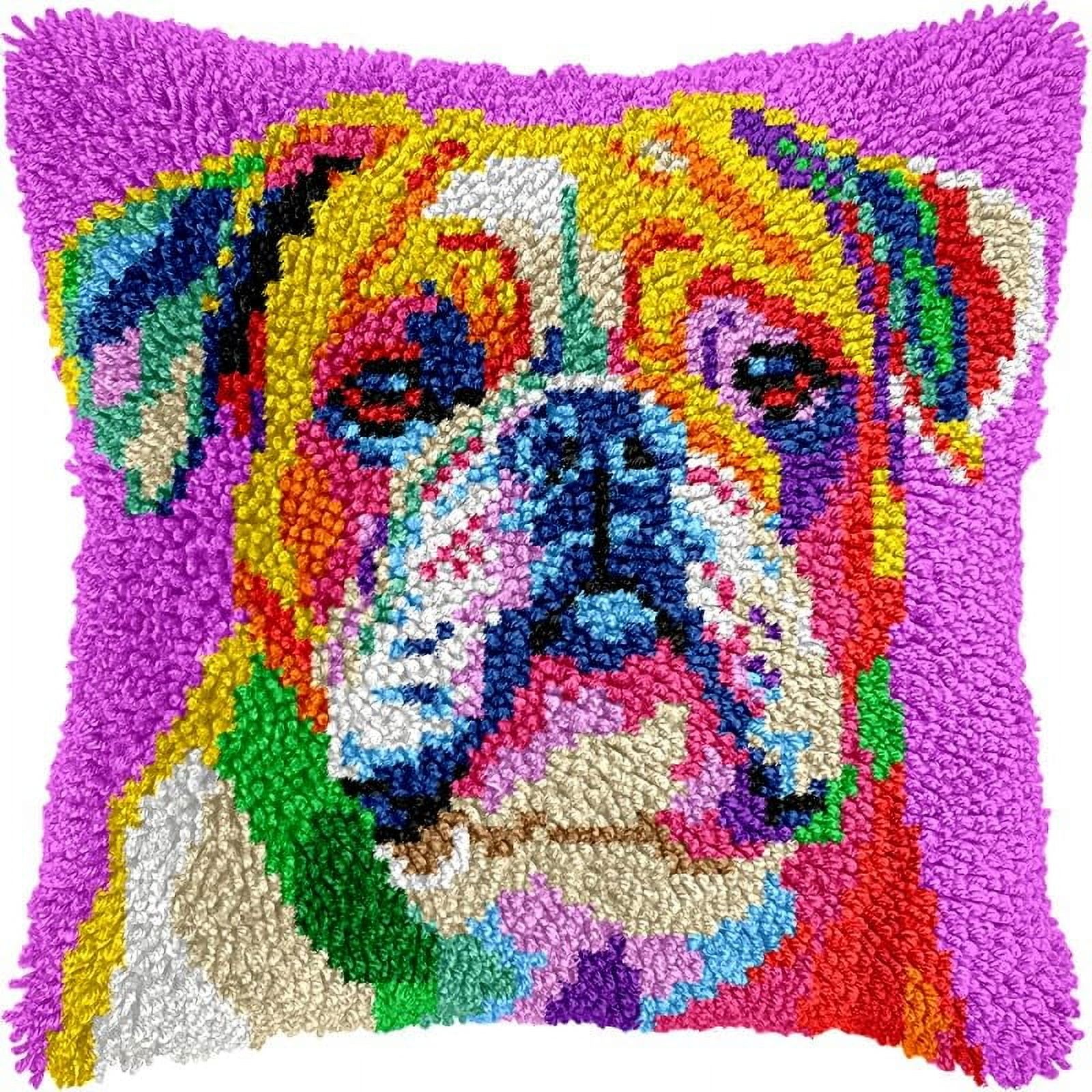 Printed Canvas Latch Hook Pillow Kits Bulldog Pillow Cover Latch Hook Crafts Crochet Knitted Hooking Pillowcase Cushion Crafts Embroidery Latch Hooking Kits Set 17x17 inch(27)