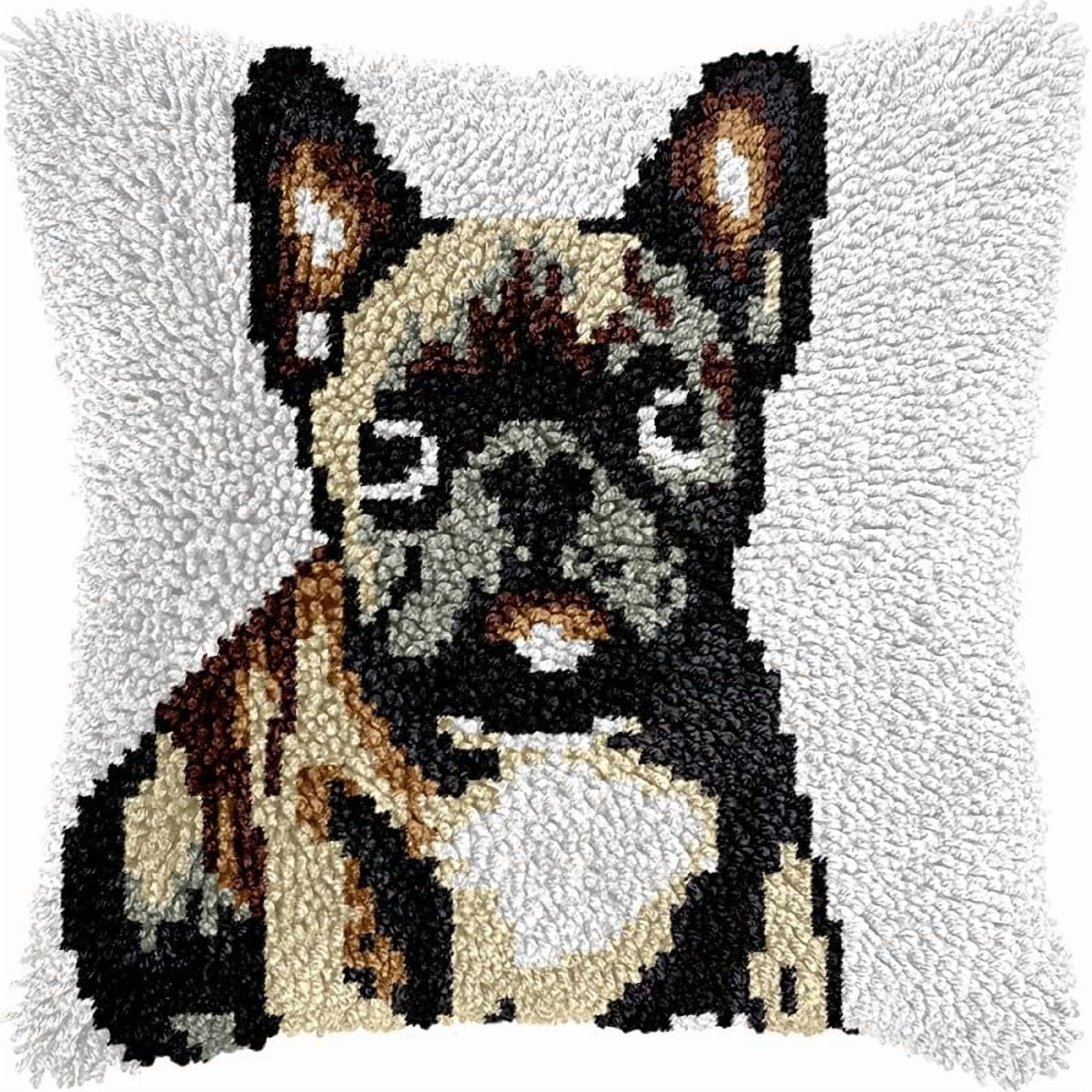 Printed Canvas Latch Hook Pillow Kits Bulldog Pillow Cover Latch Hook Crafts Crochet Knitted Hooking Pillowcase Cushion Crafts Embroidery Latch Hooking Kits Set 17x17 inch(61)