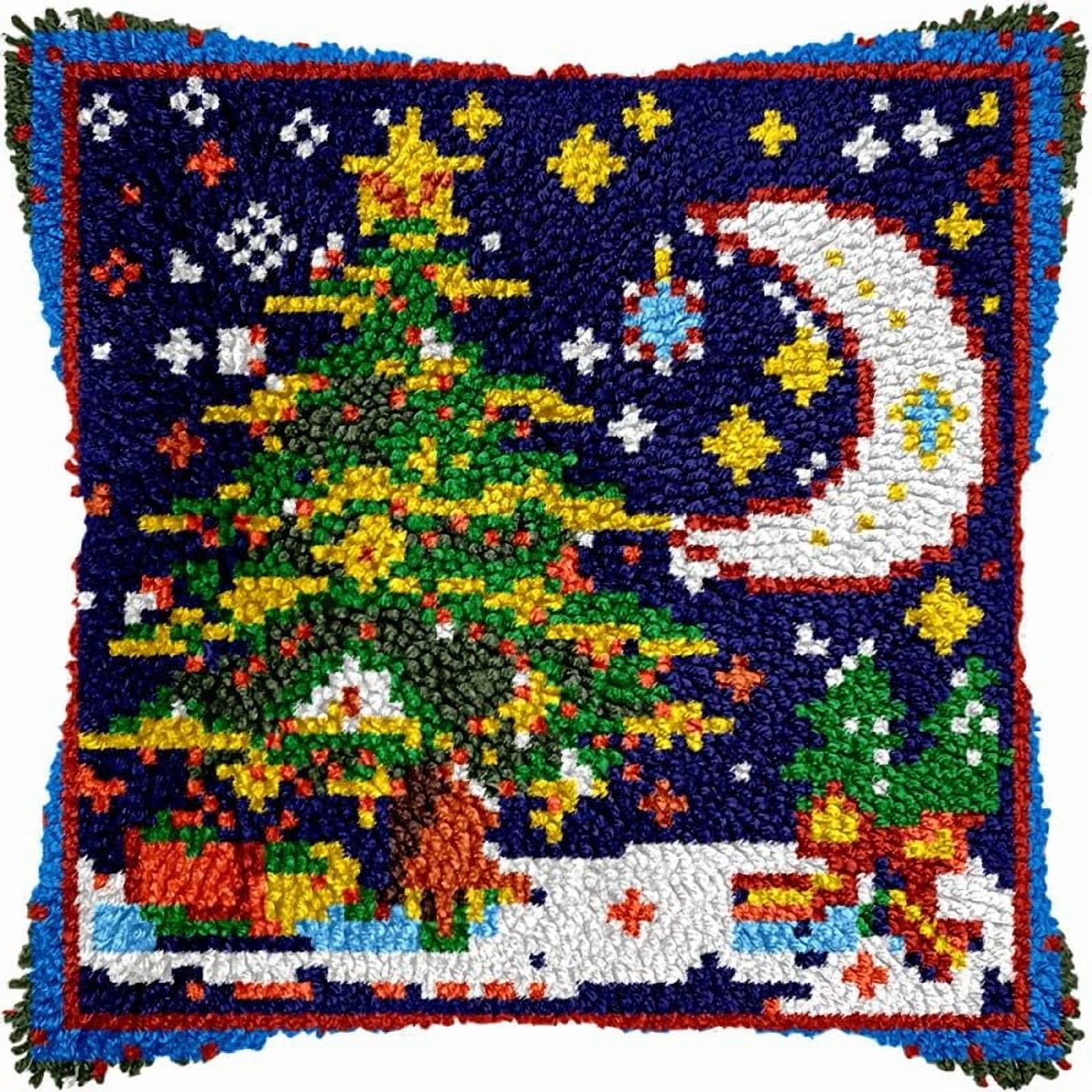 Printed Canvas Latch Hook Pillow Kits Christmas Tree & Moon Pillow Cover Latch Hook Crafts Crochet Knitted Hooking Pillowcase Cushion Crafts Embroidery Latch Hooking Kits Set 17x17 inch(111)