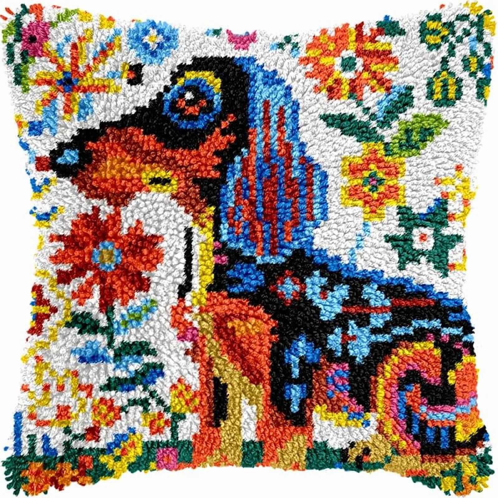 Printed Canvas Latch Hook Pillow Kits Dachshund & Flowers Pillow Cover Latch Hook Crafts Crochet Knitted Hooking Pillowcase Cushion Crafts Embroidery Latch Hooking Kits Set 17x17 inch(20)