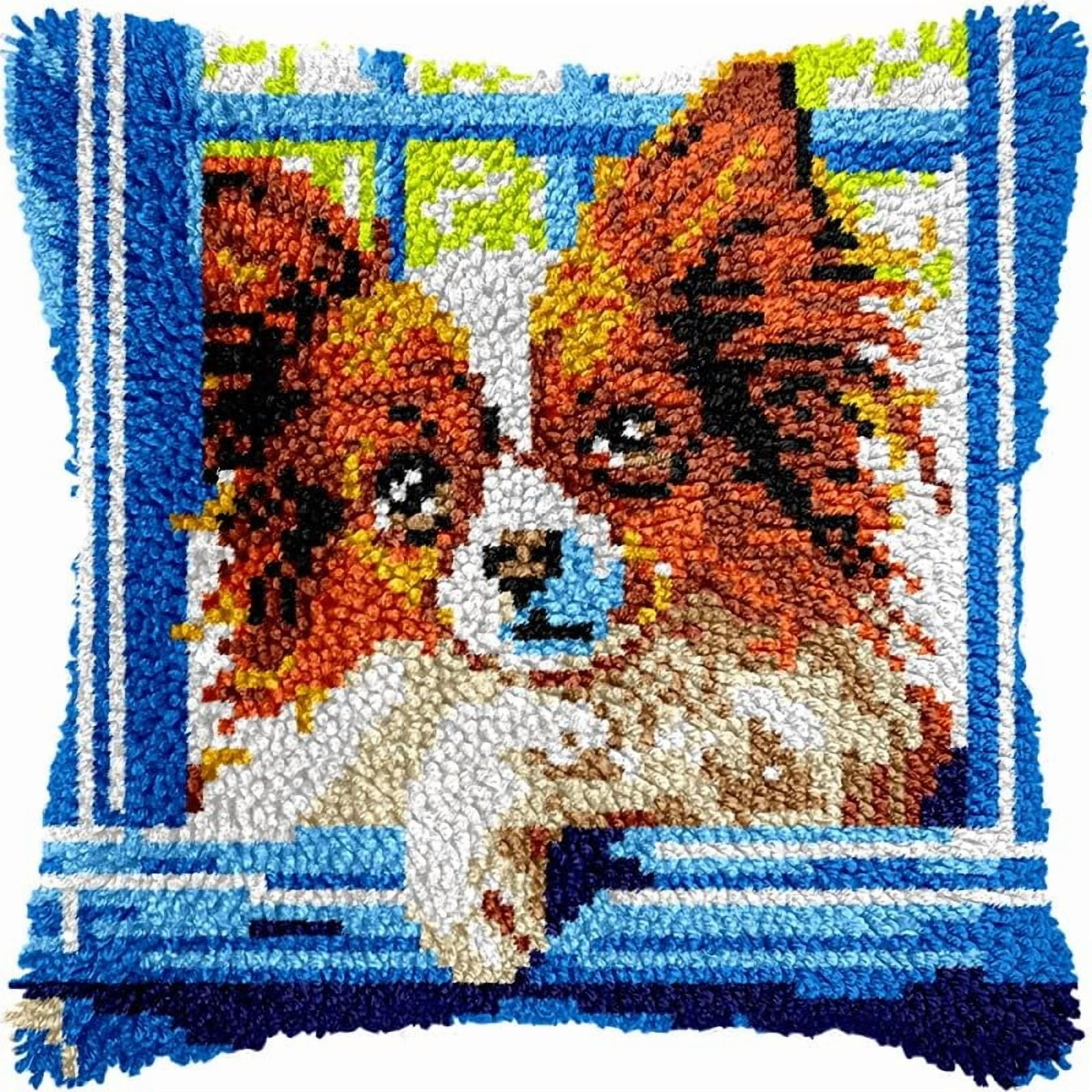 Printed Canvas Latch Hook Pillow Kits Dog at Window Pillow Cover Latch Hook Crafts Crochet Knitted Hooking Pillowcase Cushion Crafts Embroidery Latch Hooking Kits Set 17x17 inch(118)
