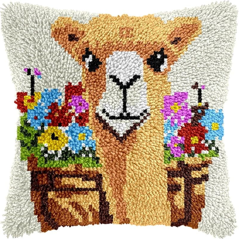 Printed Canvas Latch Hook Pillow Kits Flowers Alpaca Pillow Cover Latch Hook Crafts Crochet Knitted Hooking Pillowcase Cushion Crafts Embroidery Latch Hooking Kits Set 17x17 inch(98)