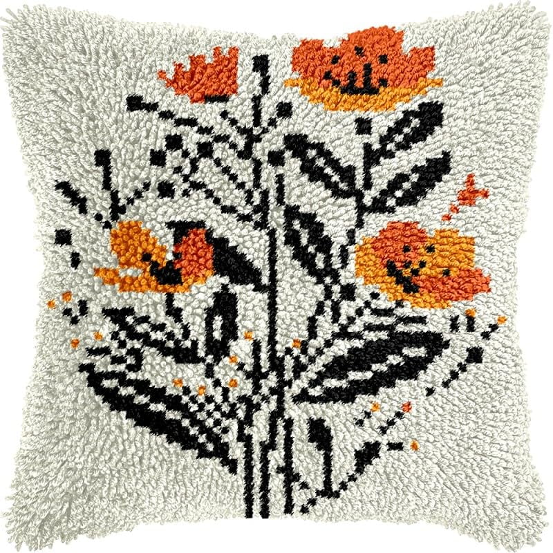 Printed Canvas Latch Hook Pillow Kits Flowers Pillow Cover Latch Hook Crafts Crochet Knitted Hooking Pillowcase Cushion Crafts Embroidery Latch Hooking Kits Set 17x17 inch(17)