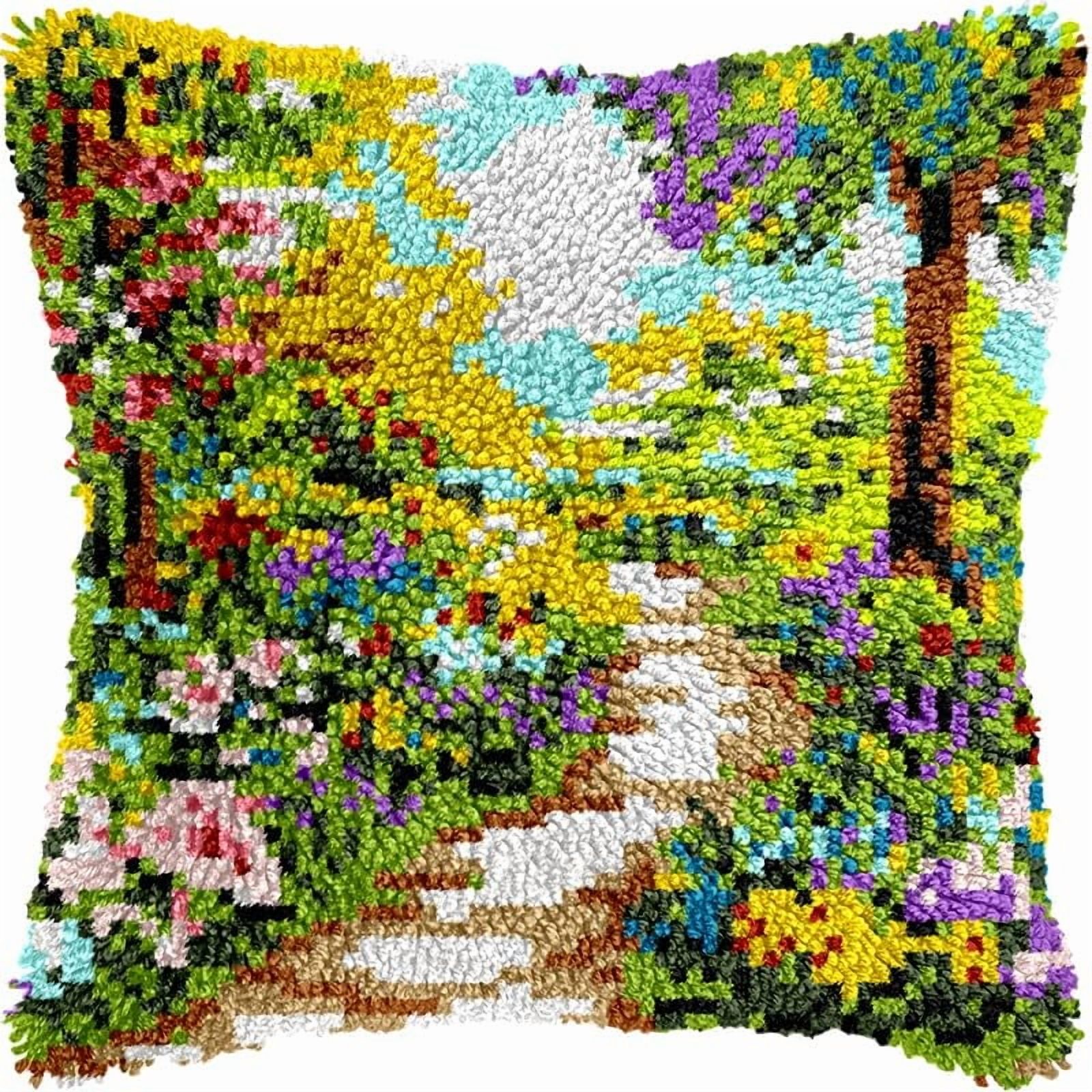 Printed Canvas Latch Hook Pillow Kits Garden Road Pillow Cover Latch Hook Crafts Crochet Knitted Hooking Pillowcase Cushion Crafts Embroidery Latch Hooking Kits Set 17x17 inch(96)
