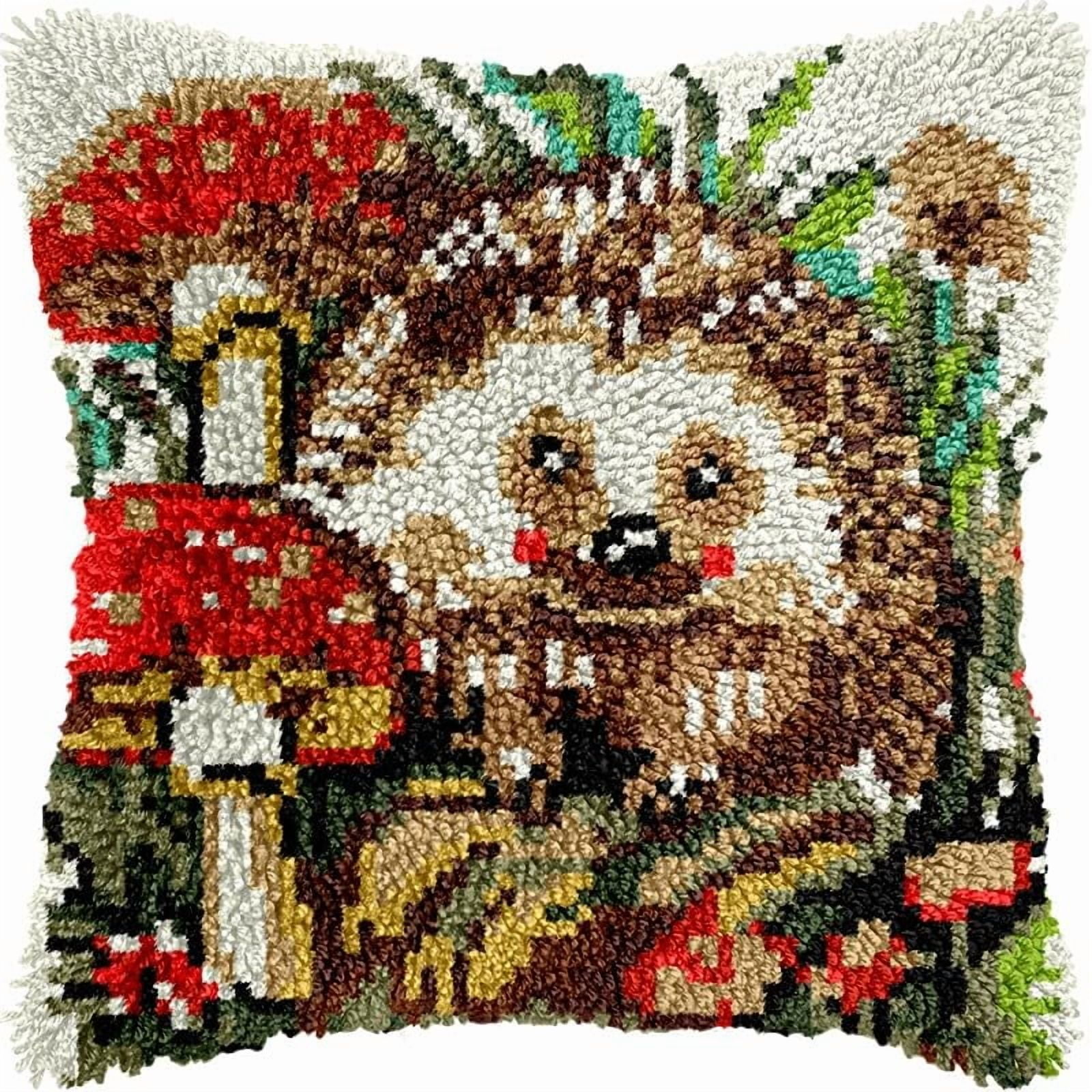 Printed Canvas Latch Hook Pillow Kits Hedgehog & Mushrooms Pillow Cover Latch Hook Crafts Crochet Knitted Hooking Pillowcase Cushion Crafts Embroidery Latch Hooking Kits Set 17x17 inch(93)
