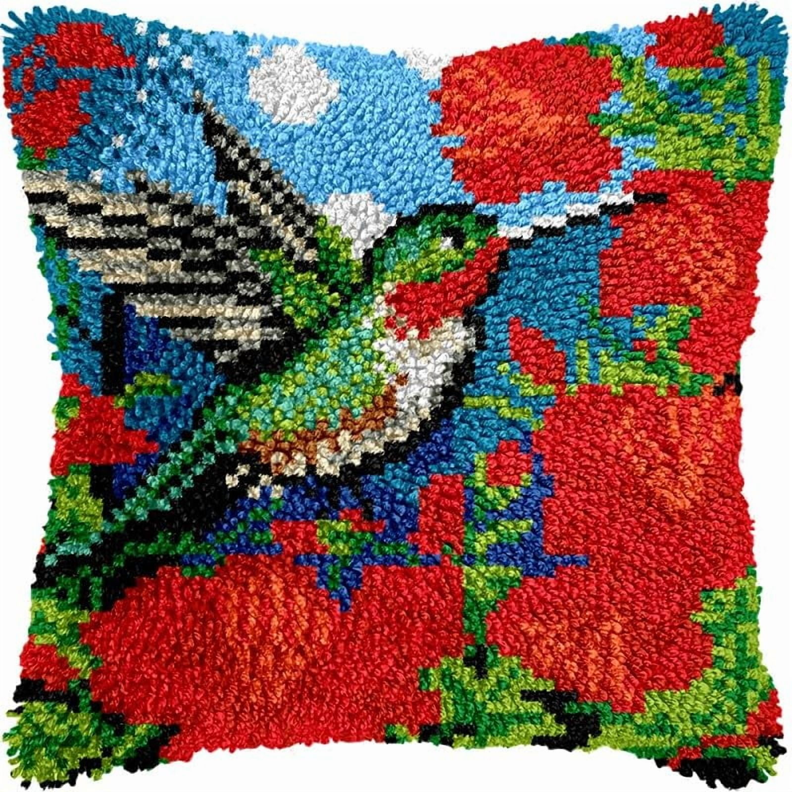Printed Canvas Latch Hook Pillow Kits Hummingbird & Flowers Pillow Cover Latch Hook Crafts Crochet Knitted Hooking Pillowcase Cushion Crafts Embroidery Latch Hooking Kits Set 17x17 inch(114)