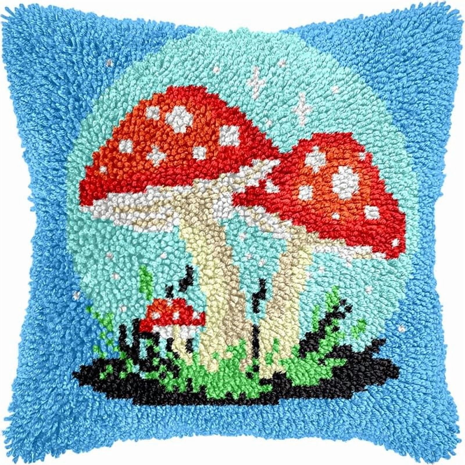 Printed Canvas Latch Hook Pillow Kits Mushrooms Pillow Cover Latch Hook Crafts Crochet Knitted Hooking Pillowcase Cushion Crafts Embroidery Latch Hooking Kits Set 17x17 inch(60)