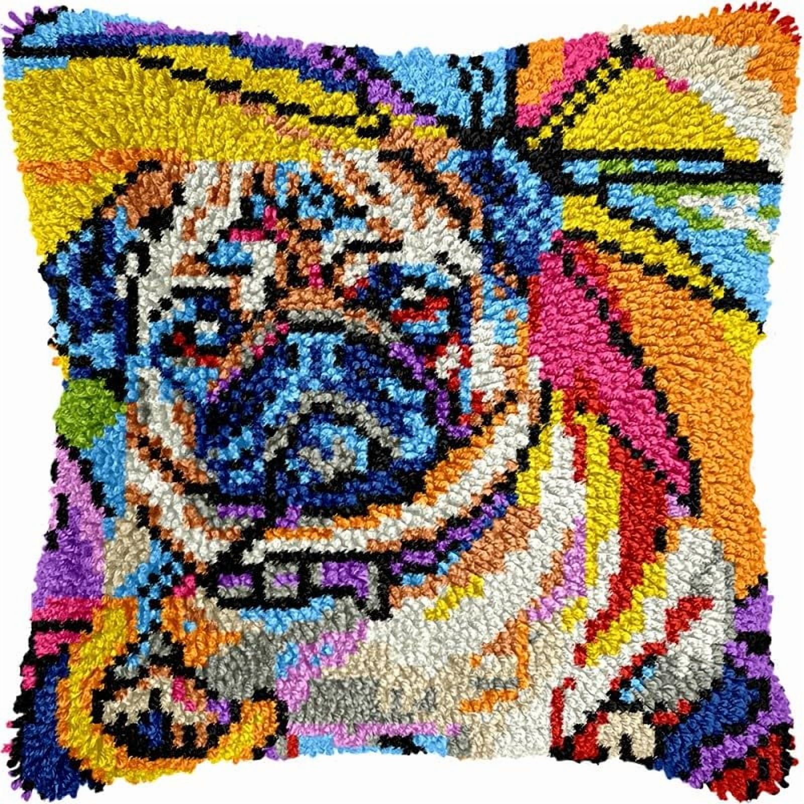 Printed Canvas Latch Hook Pillow Kits Pug Pillow Cover Latch Hook Crafts Crochet Knitted Hooking Pillowcase Cushion Crafts Embroidery Latch Hooking Kits Set 17x17 inch(11)