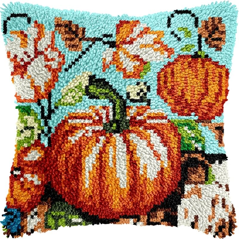 Printed Canvas Latch Hook Pillow Kits Pumpkin & Flowers Pillow Cover Latch Hook Crafts Crochet Knitted Hooking Pillowcase Cushion Crafts Embroidery Latch Hooking Kits Set 17x17 inch(16)