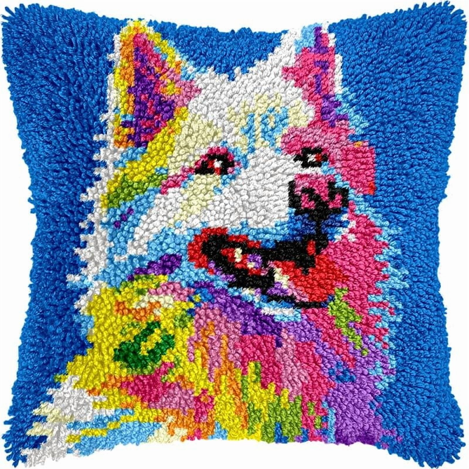 Printed Canvas Latch Hook Pillow Kits Samoyed Pillow Cover Latch Hook Crafts Crochet Knitted Hooking Pillowcase Cushion Crafts Embroidery Latch Hooking Kits Set 17x17 inch(38)