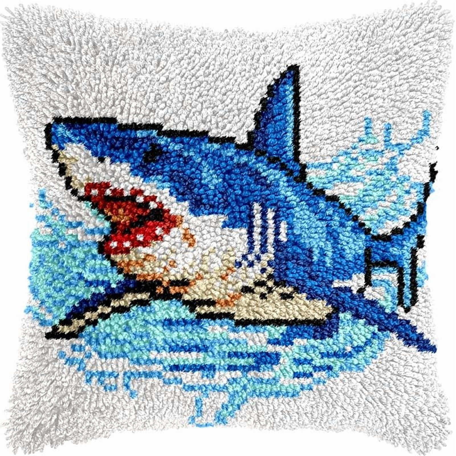 Printed Canvas Latch Hook Pillow Kits Shark Pillow Cover Latch Hook Crafts Crochet Knitted Hooking Pillowcase Cushion Crafts Embroidery Latch Hooking Kits Set 17x17 inch(76)