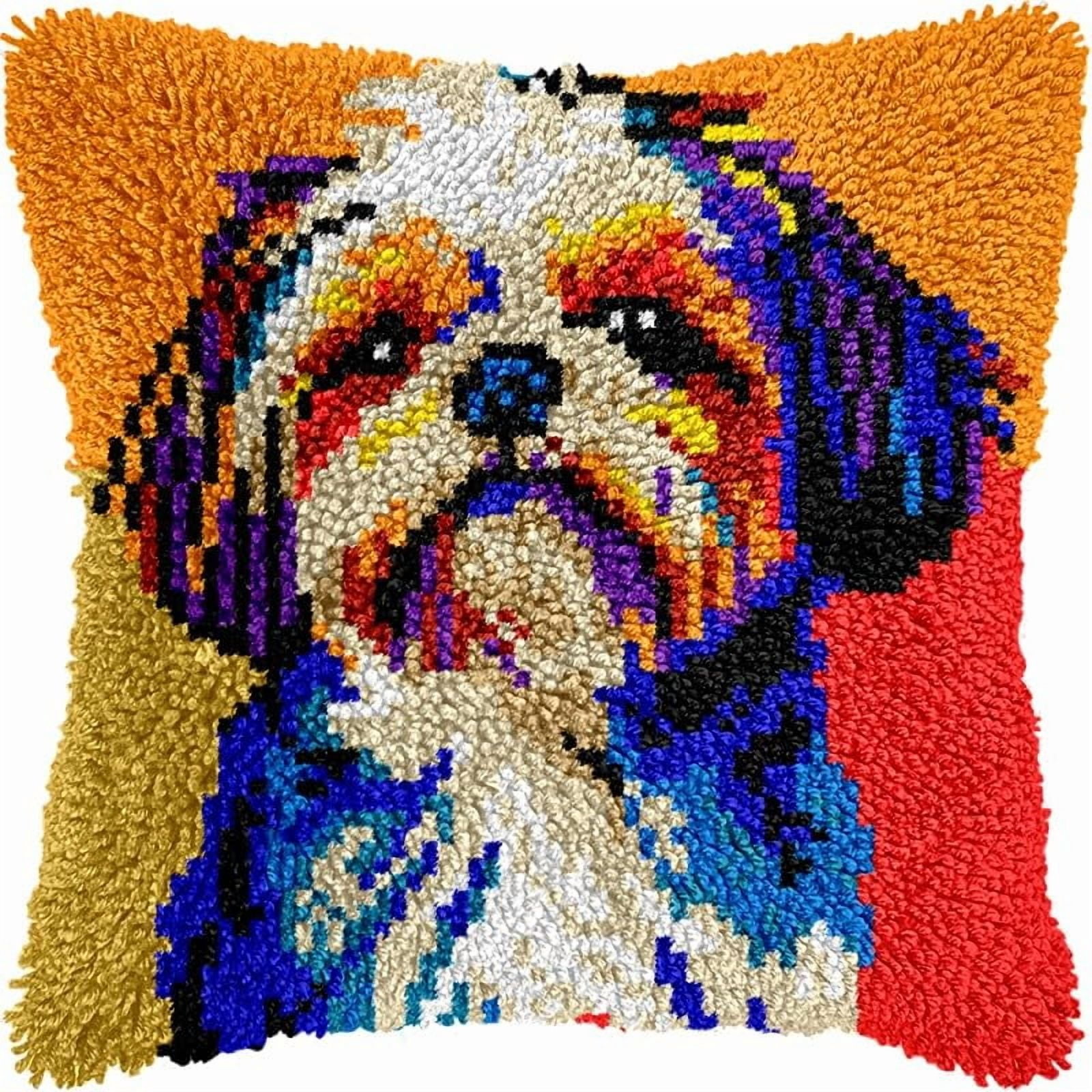 Printed Canvas Latch Hook Pillow Kits Shih Tzu Pillow Cover Latch Hook Crafts Crochet Knitted Hooking Pillowcase Cushion Crafts Embroidery Latch Hooking Kits Set 17x17 inch(100)