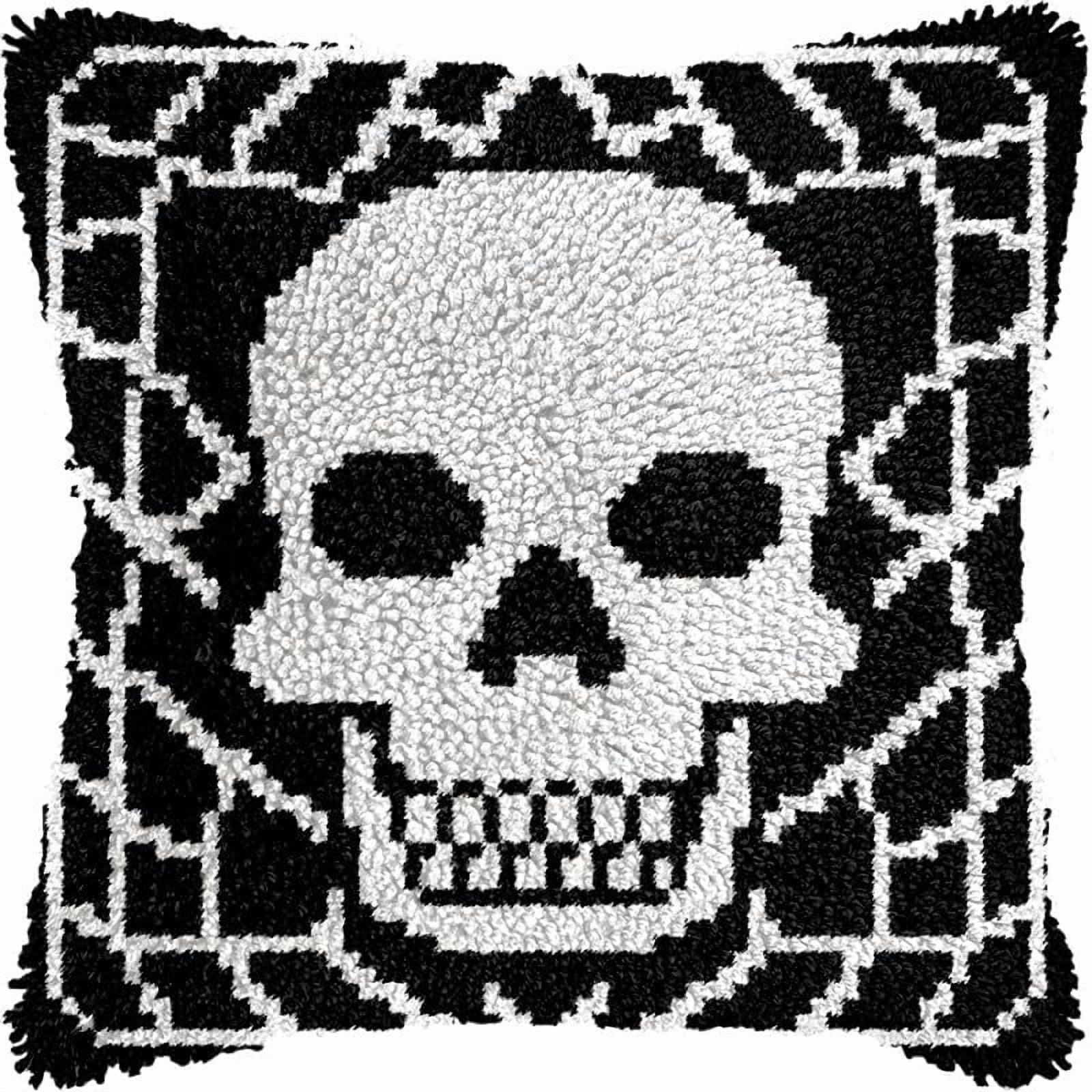 Printed Canvas Latch Hook Pillow Kits Skull & Web Pillow Cover Latch Hook Crafts Crochet Knitted Hooking Pillowcase Cushion Crafts Embroidery Latch Hooking Kits Set 17x17 inch(31)