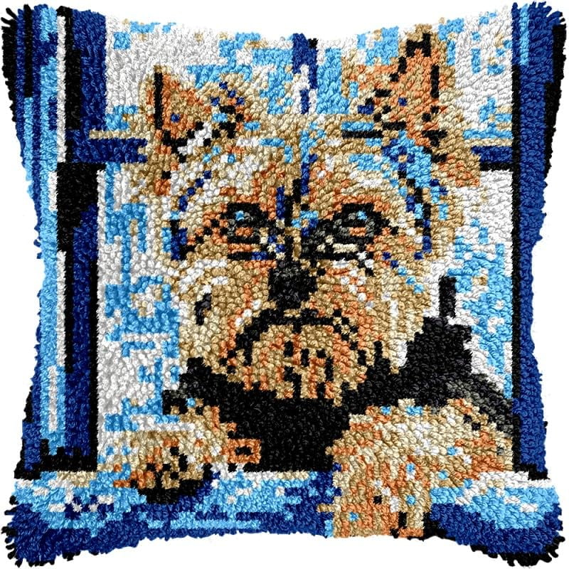 Printed Canvas Latch Hook Pillow Kits Window Yorkshire Terrier Pillow Cover Latch Hook Crafts Crochet Knitted Hooking Pillowcase Cushion Crafts Embroidery Latch Hooking Kits Set 17x17 inch(49)