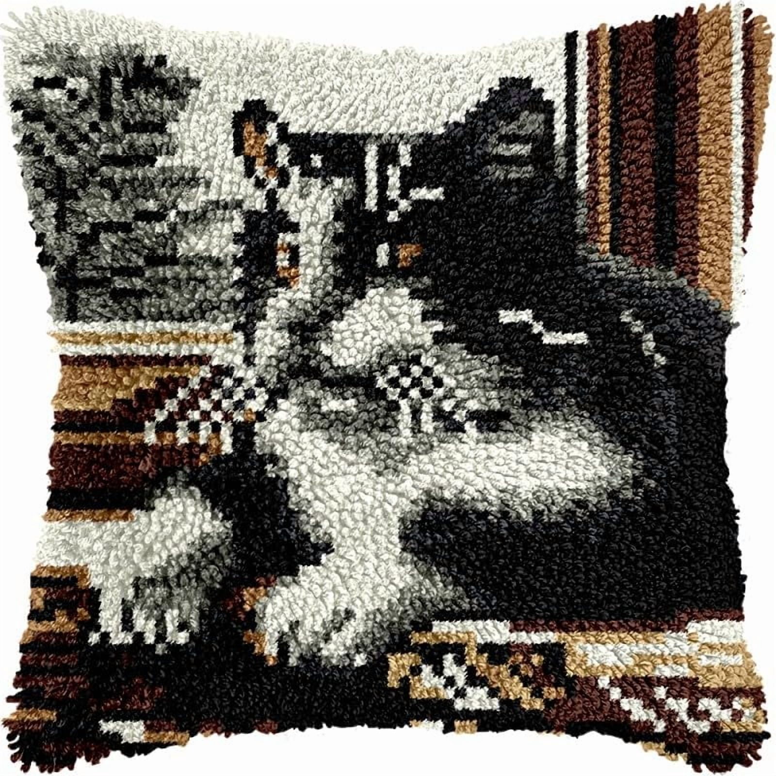 Printed Canvas Latch Hook Pillow Kits Windowsill Cat Pillow Cover Latch Hook Crafts Crochet Knitted Hooking Pillowcase Cushion Crafts Embroidery Latch Hooking Kits Set 17x17 inch(90)