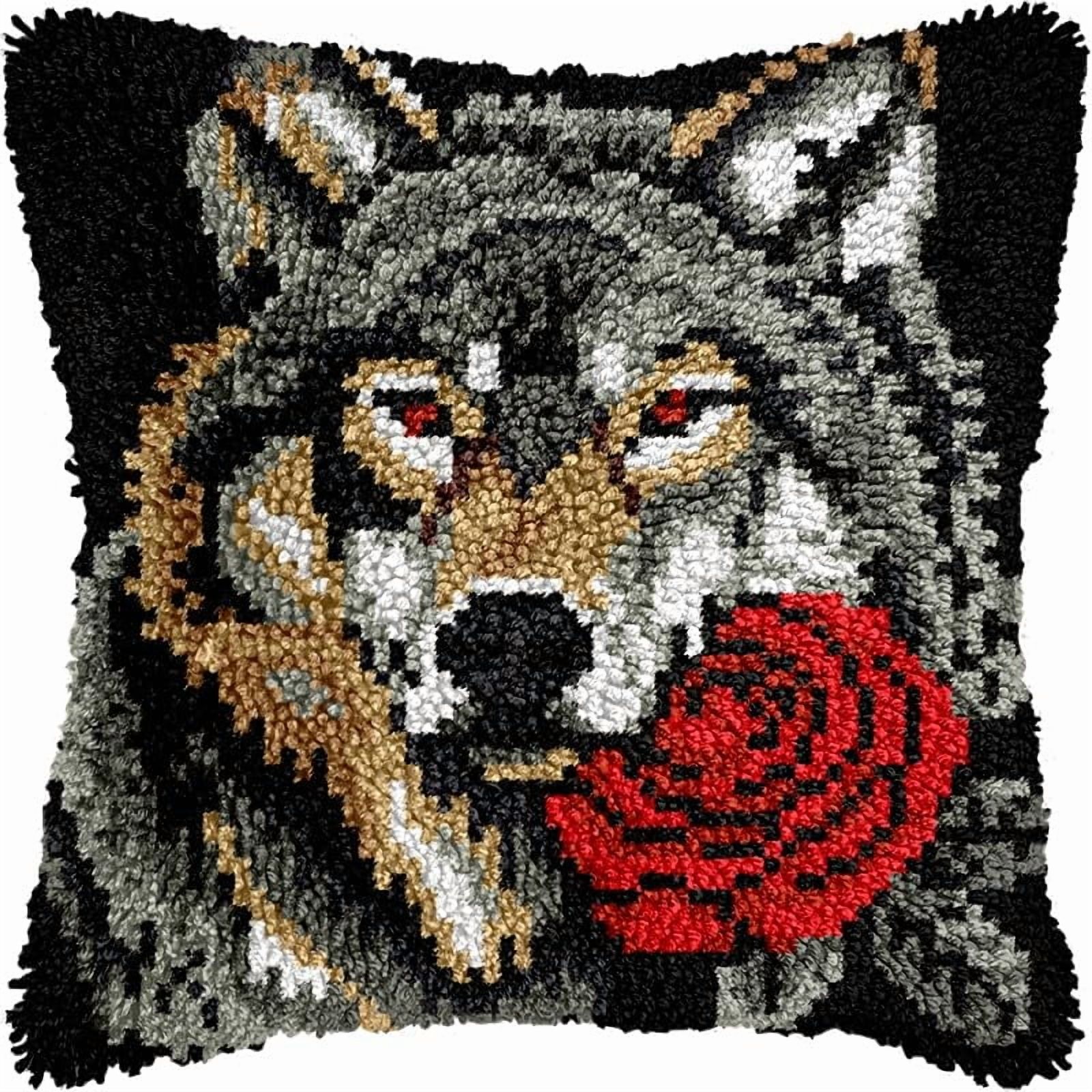 Printed Canvas Latch Hook Pillow Kits Wolf & Rose Pillow Cover Latch Hook Crafts Crochet Knitted Hooking Pillowcase Cushion Crafts Embroidery Latch Hooking Kits Set 17x17 inch(112)