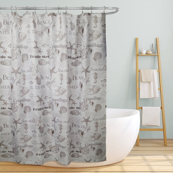 Printed Canvas Shower Curtain Beach Life & Seashells Print Polyester Bathroom Decor Beatiful Nautical Design 70" x 70" Shelley