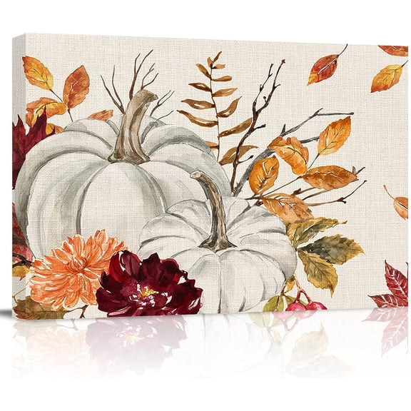 Printed on Canvas Wall Art Autumn Pumpkin Fall Leaves Thanksgiving Oil Painting Prints Stretched and Framed,Farm Floral Retro Linen Picture Artworks for Living Room Kitchen Bedroom 12x16in
