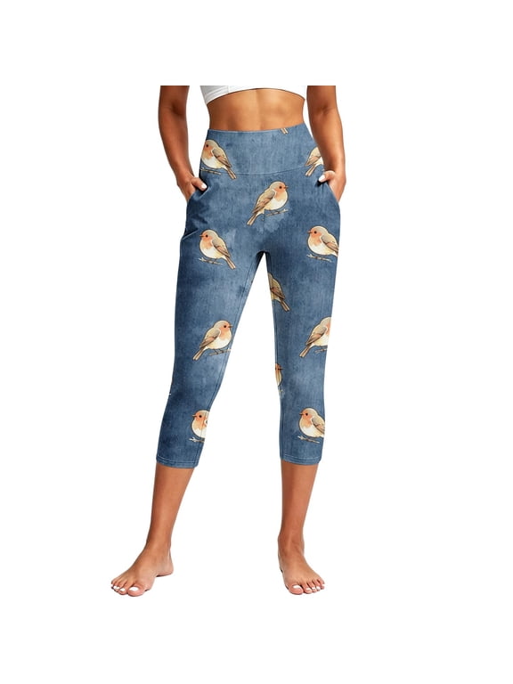 Printed Capri Leggings with Pockets for Women Faux Denim Cropped Yoga Pants High Waisted Tummy Control 4-Way Stretch Athletic Capris for Workout Gym Running Daily