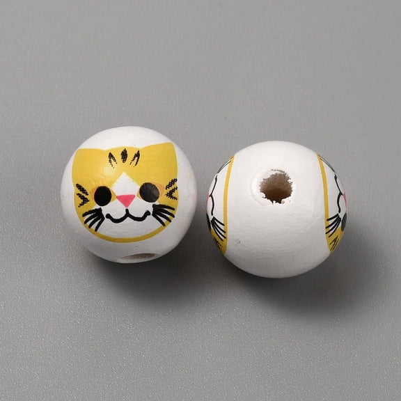 Printed Cat Wood European Beads Large Hole Bead Round Yellow 16x15mm Hole: 4mm