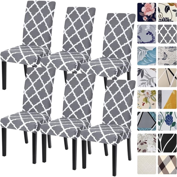 Printed Chair Covers for Dining Room Set of 6, Stretch Kitchen Chair Covers Washable Parsons Chair Slipcover Removable Dining Chair Protectors for Hotel,Ceremony,Banquet(Grey+White)