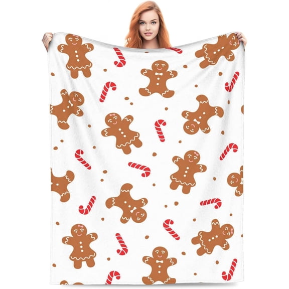 Printed Christmas Gingerbread Man Candy Canes Throw Blanket Ultra Soft Cozy Flannel Fleece Blanket Plush Warmth Lightweight Bedding for Couch Sofa Chair Bed Living Room Bedroom Decor,80"X60"