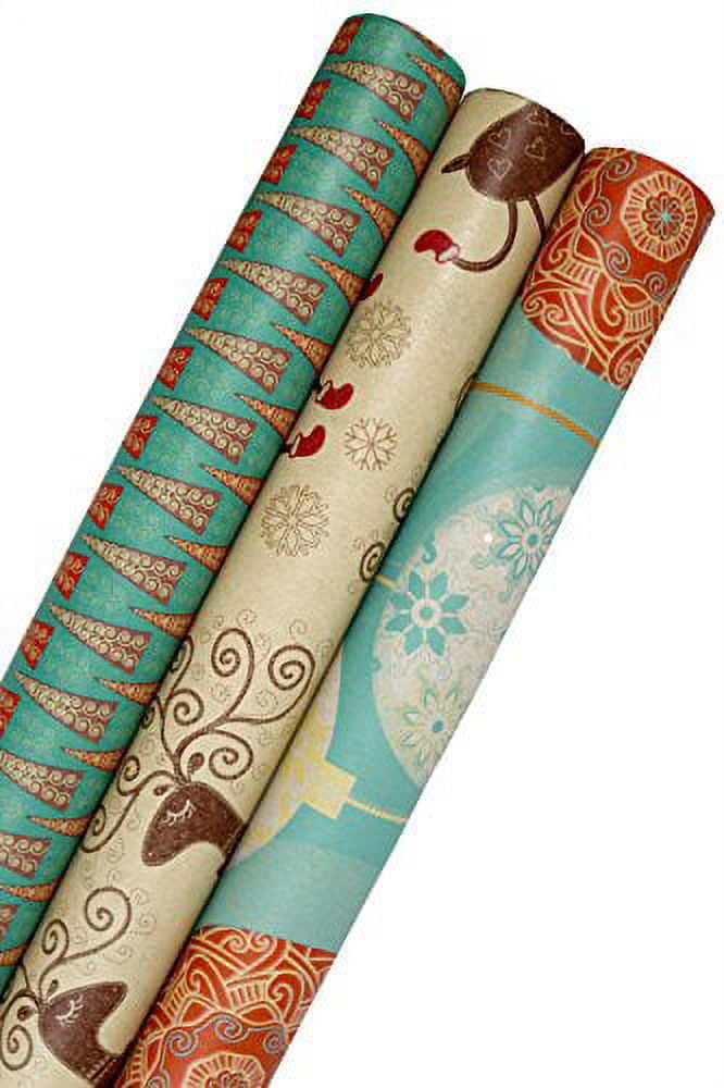 Printed Christmas Kraft Wrapping Paper Set (Reindeer-Bulbs-Trees on Brown Kraft)