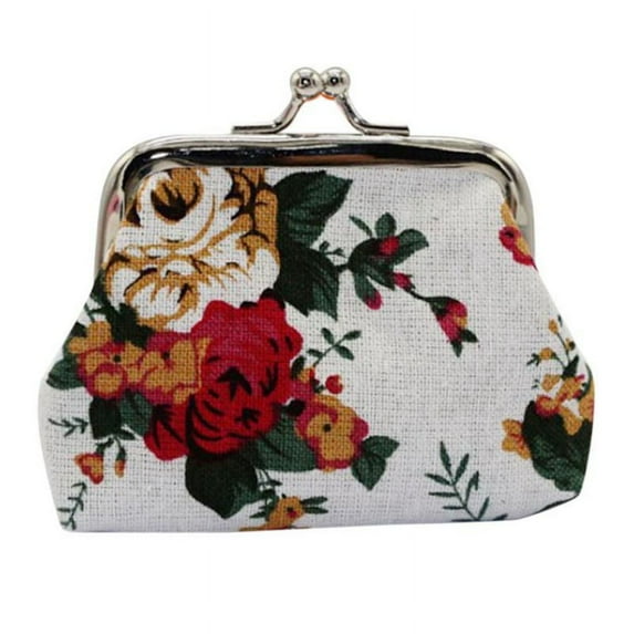 Printed Coin Purse Vintage Pouch Buckle Clutch Bag Kiss-lock Change Purse Floral Clasp Closure Wallets Floral Coin Purse Rose Flower Trinket Pouch for Women Girl