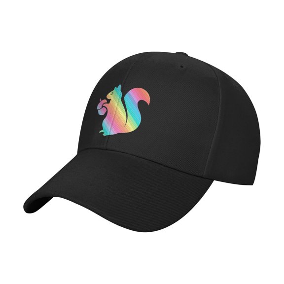 Printed Colorful Rainbow Line Squirrel Animal Baseball Cap Adjustable Cotton Athletic Dad Hat Trucker Hats for Men Women Girl Youth Unisex Adult Snapback Cap,Black