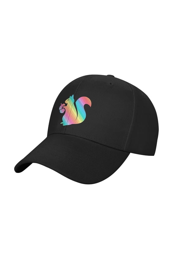 Printed Colorful Rainbow Line Squirrel Animal Baseball Cap Adjustable Cotton Athletic Dad Hat Trucker Hats for Men Women Girl Youth Unisex Adult Snapback Cap,Black