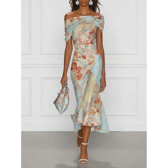 Printed Colors Floral Off The Shoulder Midi Dress, Twisted Knot Satin Bodycon Mermaid Hem Evening Dress