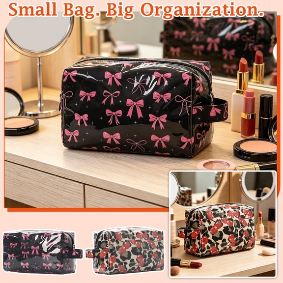 Printed Cosmetic Bag, Travel Makeup Bag, Makeup Bag Organizer, Waterproof Travel Toiletries Bag, Cherry Leopard Printed Zippered Pouch, 8X4.5X4 Inch Portable Multi-Color Makeup
