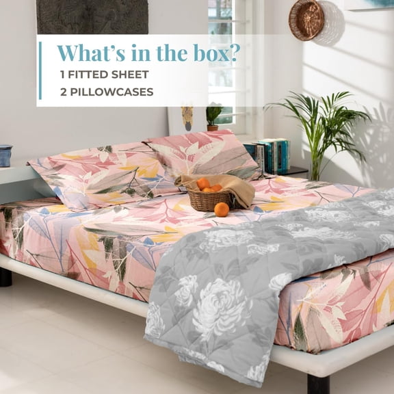 Printed Cotton Fitted Bedsheet For Double Bedsheet With 2 Pillow Covers, Bedding Set - 72x78 Inches, Multicolor | Sateen Weave Queen Size Bed Sheet, 12" Deep Pocket- 1 Elastic Fitted Bed Sheet