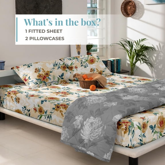 Printed Cotton Fitted Bedsheet For Double Bedsheet With 2 Pillow Covers, Bedding Set - 72x78 Inches, Peach | Sateen Weave Queen Size Bed Sheet, 12" Deep Pocket- 1 Elastic Fitted Bed Sheet