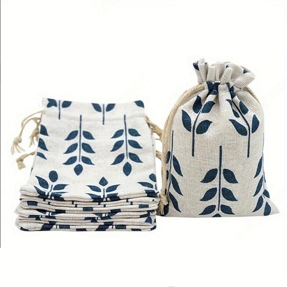 Printed Cotton Imitation Burlap Packing Pouches Drawstring Bags for Christmas Wedding Party and DIY Craft Packing Leaf 18x13cm DIY