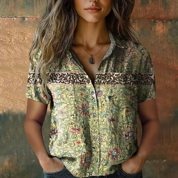 Printed Cotton Shirts, Fashion Button Down, Short Sleeve, Casual Tops, Bubble Wrinkles, Green 3XL, Size S-XXXXXL