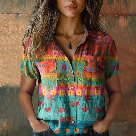 Printed Cotton Shirts, Fashion Button Down, Short Sleeve, Casual Tops, Bubble Wrinkles, Green 4XL, Size S-XXXXXL