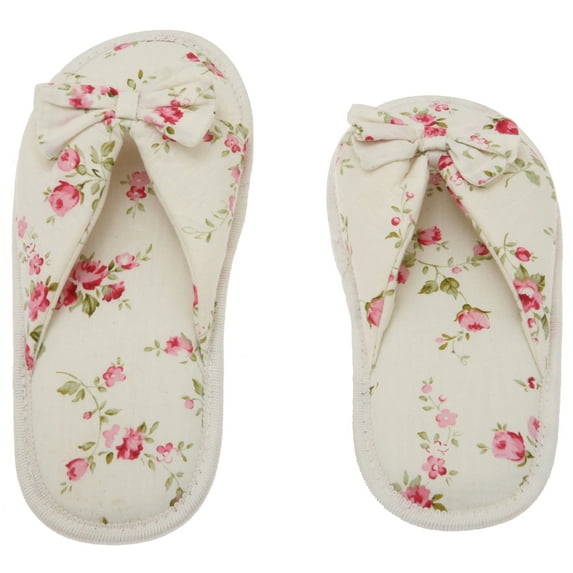 Printed Cotton Women Memory Foam Slippers, Butterfly Tie, Floral Peonies, 7-8