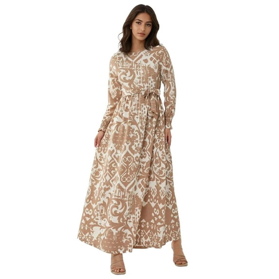 Printed Crew Neck Maxi Dress with Belt